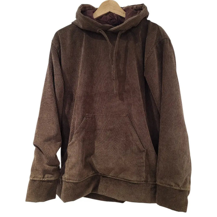 Brown lined cord hoodie with ribbed texture and matching drawstring hood from gringo fairtrade collection