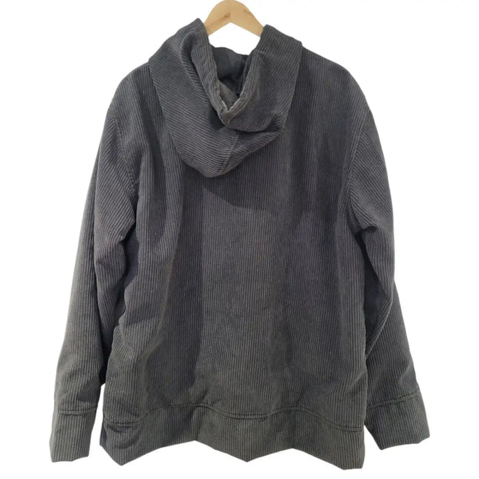Dark gray lined cord hoodie with ribbed texture and relaxed fit made from corduroy by Gringo Fairtrade