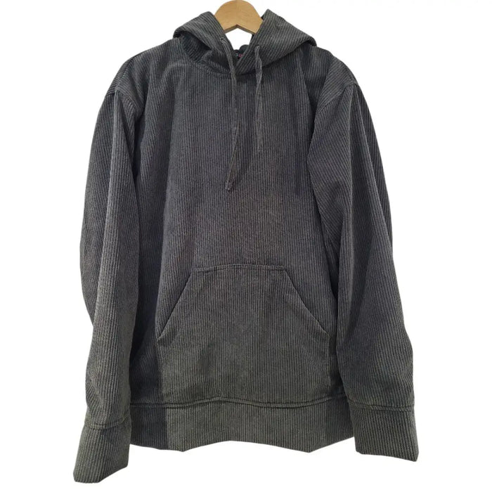 Dark gray gringo fairtrade lined cord hoodie with ribbed texture and front pocket made from corduroy material