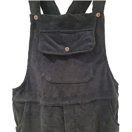 Dark gray jumbo cord dungarees with ribbed corduroy texture and wooden buttons from gringo fairtrade black collection