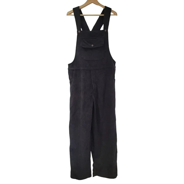 Black cord jumbo cord dungarees with subtle ribbed texture and adjustable shoulder straps from gringo fairtrade