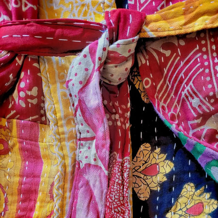 Gringo fairtrade long kimono with vibrant patchwork kantha stitched wrap dress in red yellow and pink with white thread