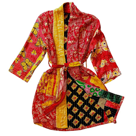 Vibrant red and yellow fairtrade long kantha quilted robe with intricate embroidery and butterfly sleeve motifs