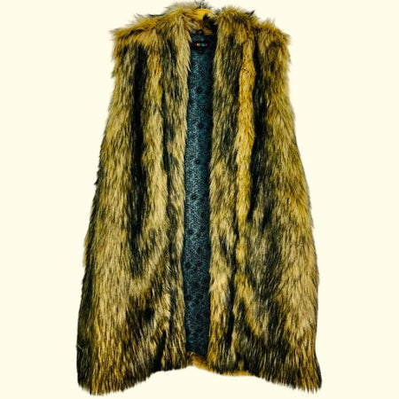 Gringo fairtrade long-length sleeveless faux fur coat with golden brown and dark black striped fur coat pattern