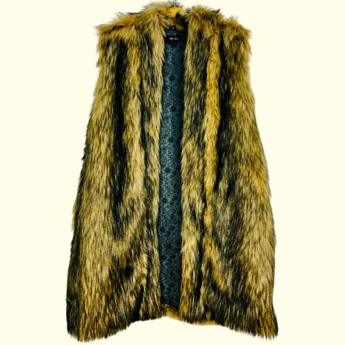 Gringo fairtrade long-length sleeveless faux fur coat with golden brown and dark black striped fur coat pattern