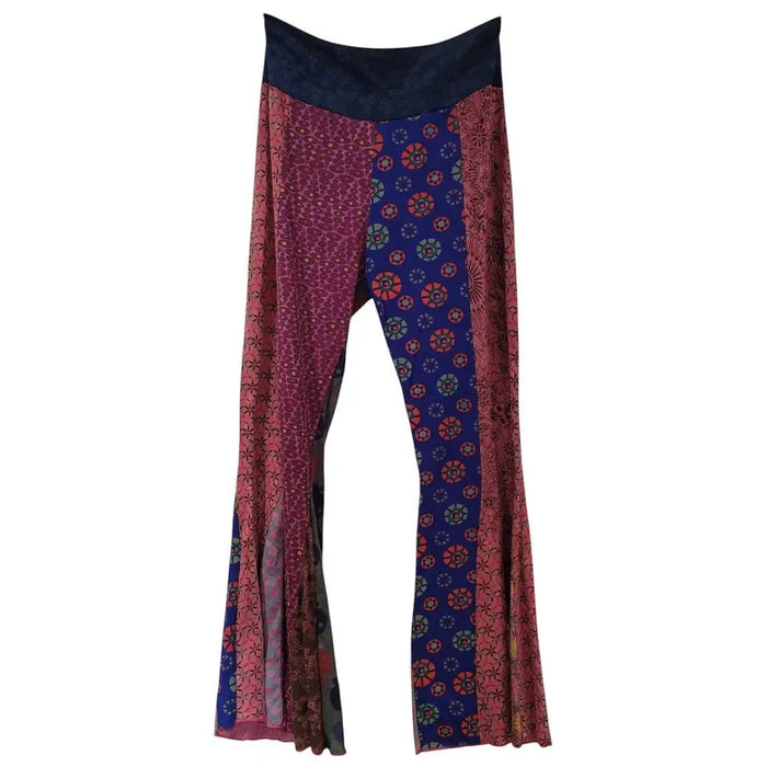 Flared pants with gringo fairtrade patchwork in maroon blue and patterned fabric panels made from fairtrade materials