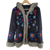 Black velvet gringo fairtrade coat with colorful embroidered flowers and gray faux fur trim and hood