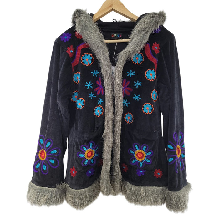 GRINGO FAIRTRADE Short Hooded Velvet Faux Fur Embroidered Coat - Black