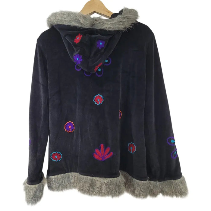Black velvet coat with colorful embroidered flowers and gray faux fur trim on hood cuffs and hem by gringo fairtrade