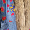 Blue denim jacket with colorful embroidered flowers paired with gringo fairtrade blue faux fur coat with hood