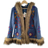 Blue corduroy gringo fairtrade coat with brown faux fur trim and colorful floral embroidery on velvet fabric