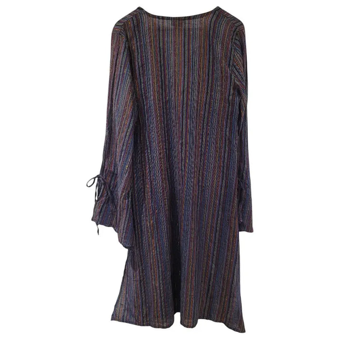Gringo fairtrade long-sleeved tunic dress with vertical blue purple and gold lurex stripes floor-length design