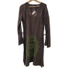 A long-sleeved green and brown tunic dress with vertical stripes and a green mandala design made of lurex material