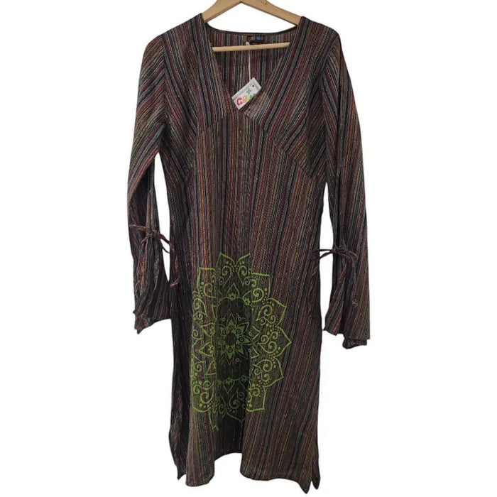 A long-sleeved green and brown tunic dress with vertical stripes and a green mandala design made of lurex material
