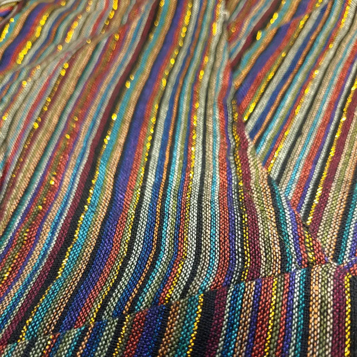 Green and brown gringo fairtrade tunic dress with vibrant multicolored woven fabric and metallic lurex stripes
