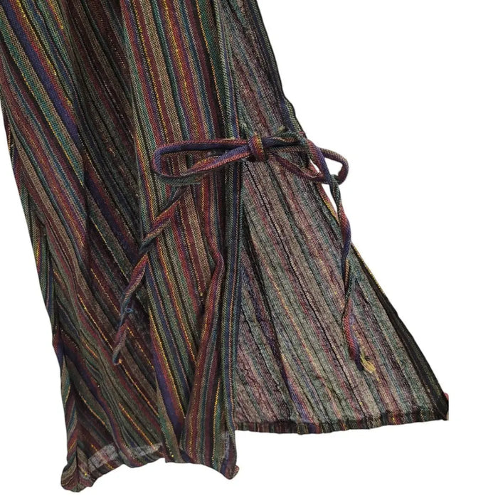 Gringo fairtrade tie sleeves lurex tunic dress in green and brown with multicolored stripes and a tied waistband