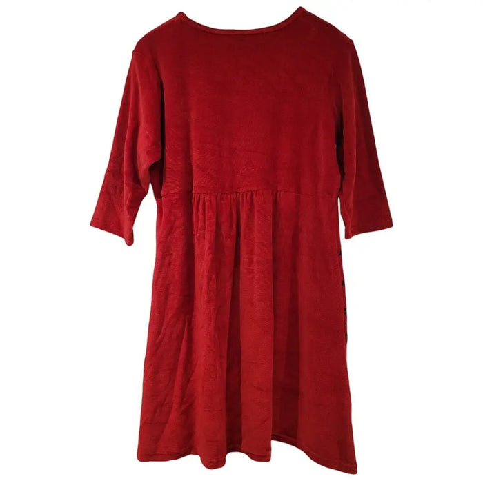 Gringo fairtrade red velour tunic dress with embroidered stars and flowers featuring three quarter sleeves and a gathered waist
