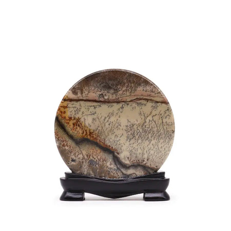 Circular guohua picture stones disc plate with beige brown gray marbled manganese dendrites weighing 140gm