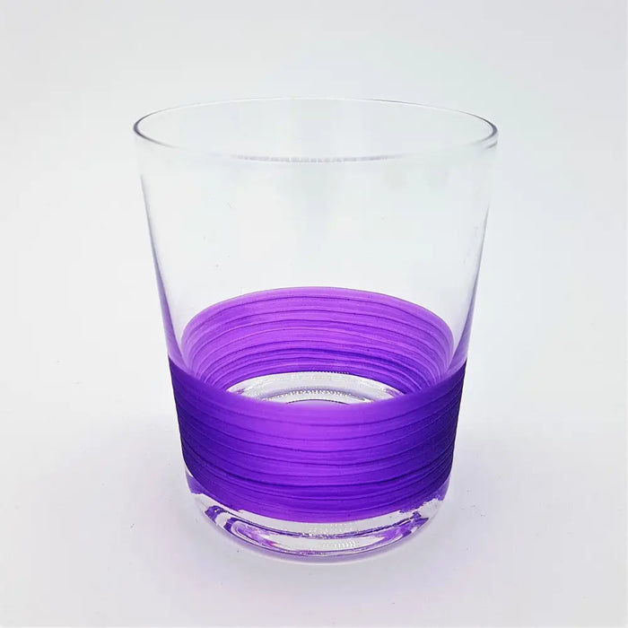 Clear glass votive tealight holder with a vibrant purple ribbed band around the lower half in glass material