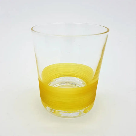 Clear glass votive tealight holder with a vibrant yellow swirling band near the base in four colour options