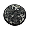 Black circular cushion with white embroidered dragons and floral patterns for engraved singing bowl gift lotus flower set