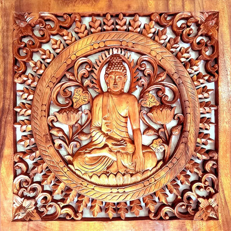 Hand carved wooden plaque buddha in suar wood with intricate floral and leaf motifs in a circular frame, square shape