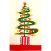 Hand-embroidered christmas card with a green christmas tree design on a cream towel with red and gold details