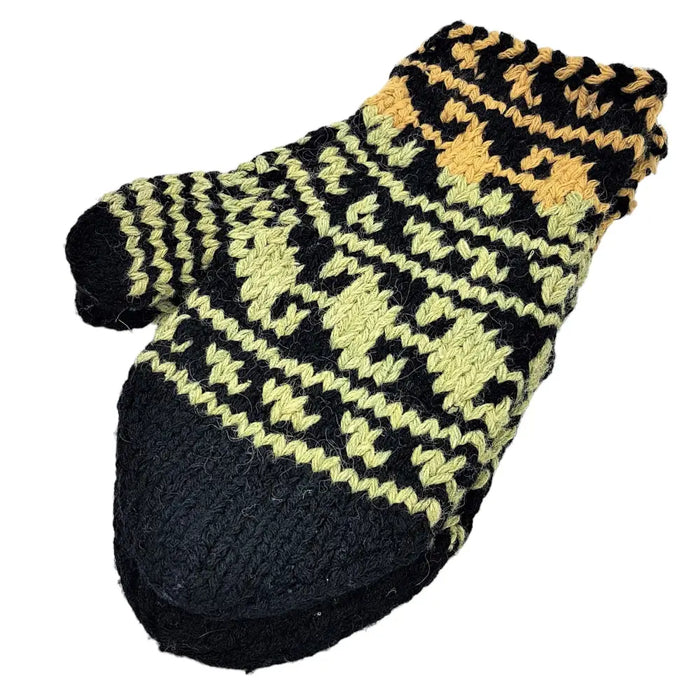 Hand knitted afghani wool blend mittens in black and pale green with a traditional nordic pattern for adults