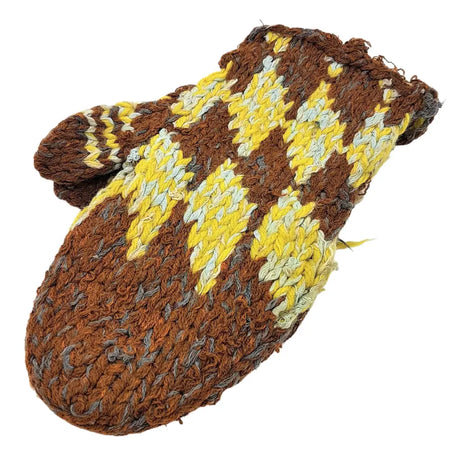 Brown yellow and light gray hand-knitted afghani wool blend mittens with a diamond pattern for adults
