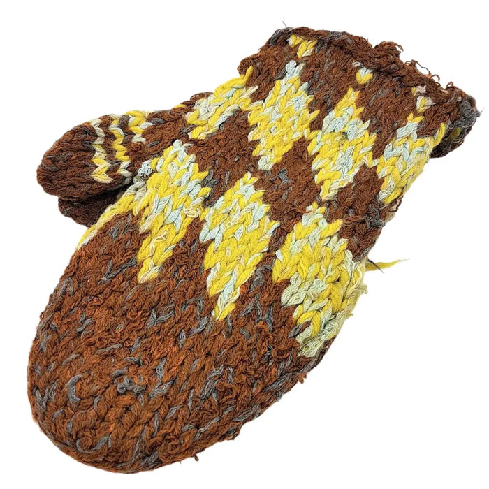 Brown yellow and light gray hand-knitted afghani wool blend mittens with a diamond pattern for adults