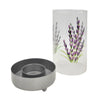 Clear glass tealight lantern with hand-painted lavender design in purple and green on silver metal base