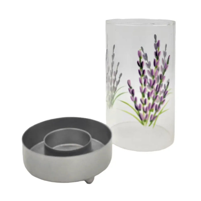 Clear glass tealight lantern with hand-painted lavender design in purple and green on silver metal base