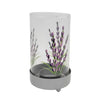 Hand-painted glass tealight lantern with lavender design in purple and green on a clear holder with gray metal base