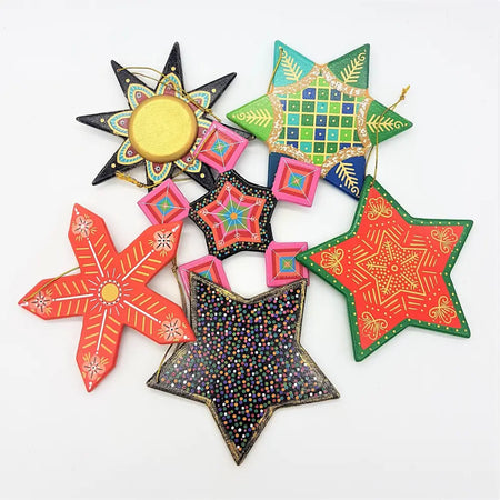 Hand-painted wooden star ornaments in various colors featuring intricate designs with a choice of five styles