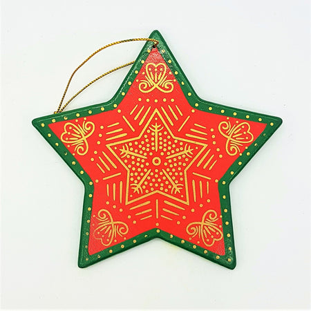 Hand-painted wooden star ornament in red and green with gold decorative patterns and a choice of five designs