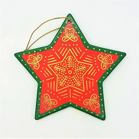 Hand-painted wooden star ornament in red and green with gold decorative patterns and a choice of five designs