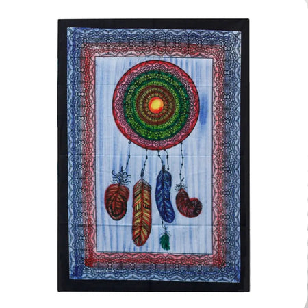 A handbrushed cotton wall art with a dreamcatcher design featuring green and red rings and earthy hanging feathers