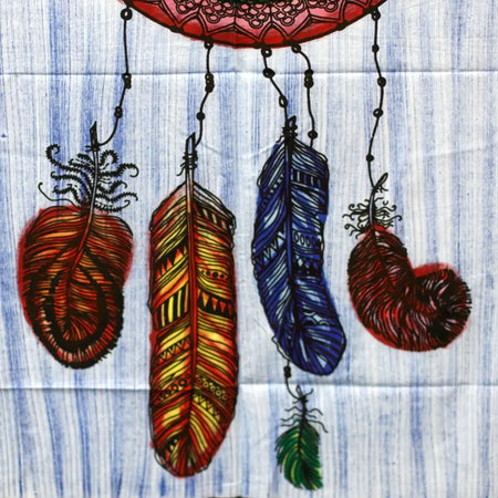 Handbrushed cotton wall art dreamcatcher with colorful red orange blue green feathers hanging from pink top