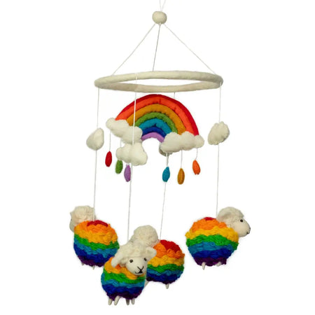 Handmade felt mobile with rainbow-colored sheep and cloud hanging from a white circular frame