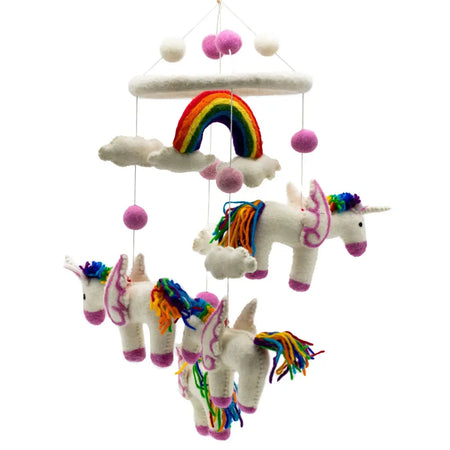 Handmade felt mobile with white unicorns featuring rainbow manes, pink wings, and cloud top with rainbow arch and pom-poms