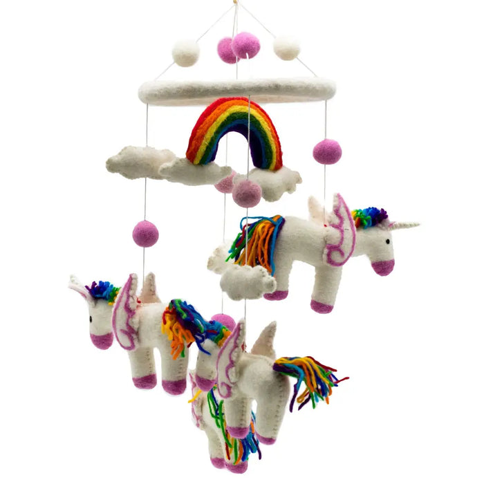Handmade felt mobile with white unicorns featuring rainbow manes, pink wings, and cloud top with rainbow arch and pom-poms