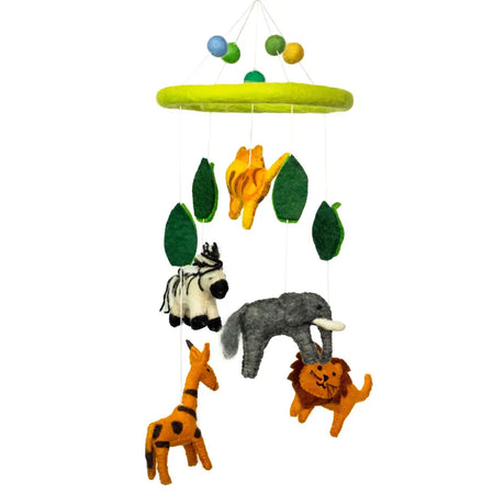 Handmade felt mobile with a lime green top and colorful safari animals like elephant zebra giraffe lion and tiger hanging down