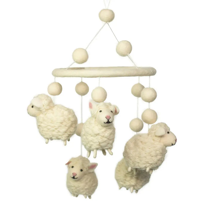 Handmade cream-colored felt sheep mobile with woolly texture hanging from a wooden hoop for nursery decor