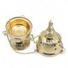 Hanging brass incense burner with ornate filigree detailing and chain link attachment for easy hanging
