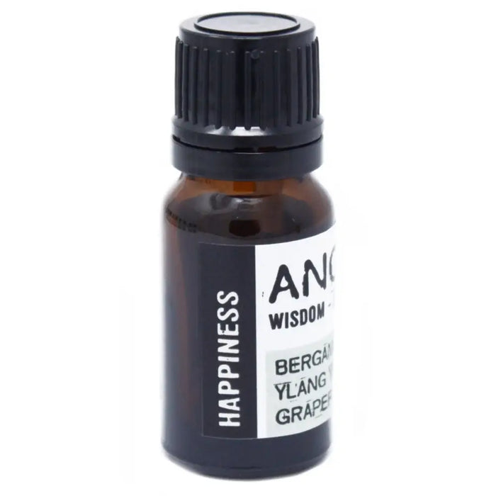 A small amber glass bottle with a black cap and white label reading happiness containing a 10ml essential oil blend
