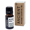 A small amber glass bottle with black cap and white label for happiness essential oil blend beside a brown box
