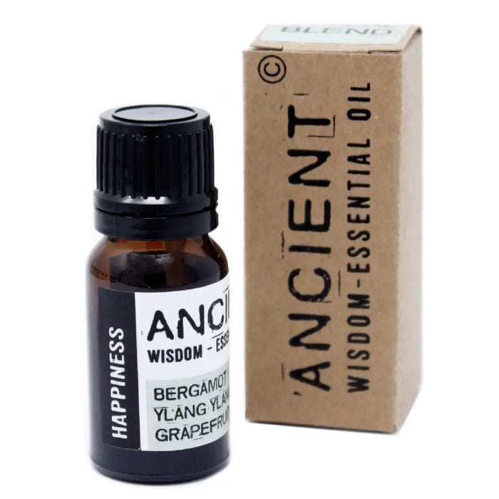 A small amber glass bottle with black cap and white label for happiness essential oil blend beside a brown box