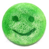Happy scrub soap bar mango with vibrant green circular scrub soap and smiley face in translucent fibrous texture