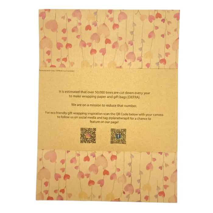 Heart vine recycled kraft gift wrap with beige paper and pink peach heart flower pattern on top and bottom edges
