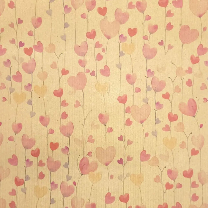 Delicate pink red and pale yellow heart pattern on slender stems on recycled kraft gift wrap wrapping paper sheet